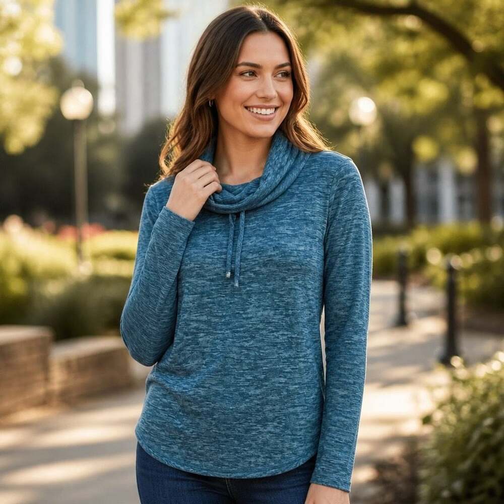 G.H. Bass & Co. Womens Small Teal Blue Marled Fleece Cowl Neck Pullover